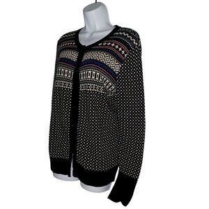 Merona Womens L Black Geometric Fair Isle Knit Cardigan Sweater Cabin Core Cozy